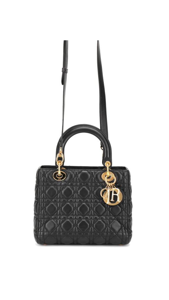 Lady Dior Medium Bag i Sort Lammeskinn med Gull-detaljer