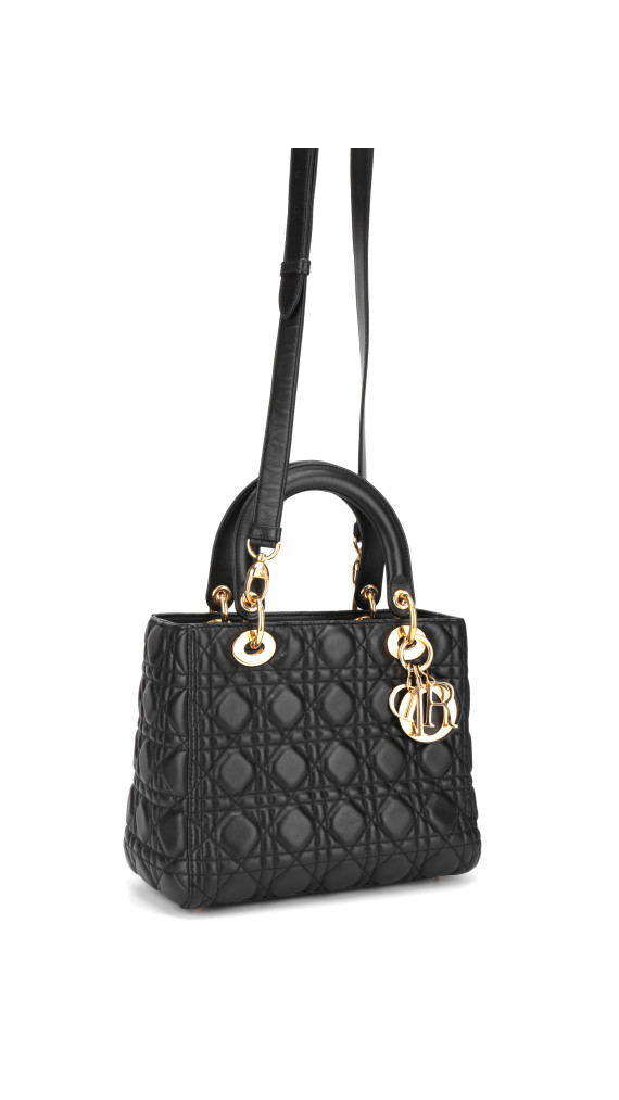 Lady Dior Medium Bag i Sort Lammeskinn med Gull-detaljer