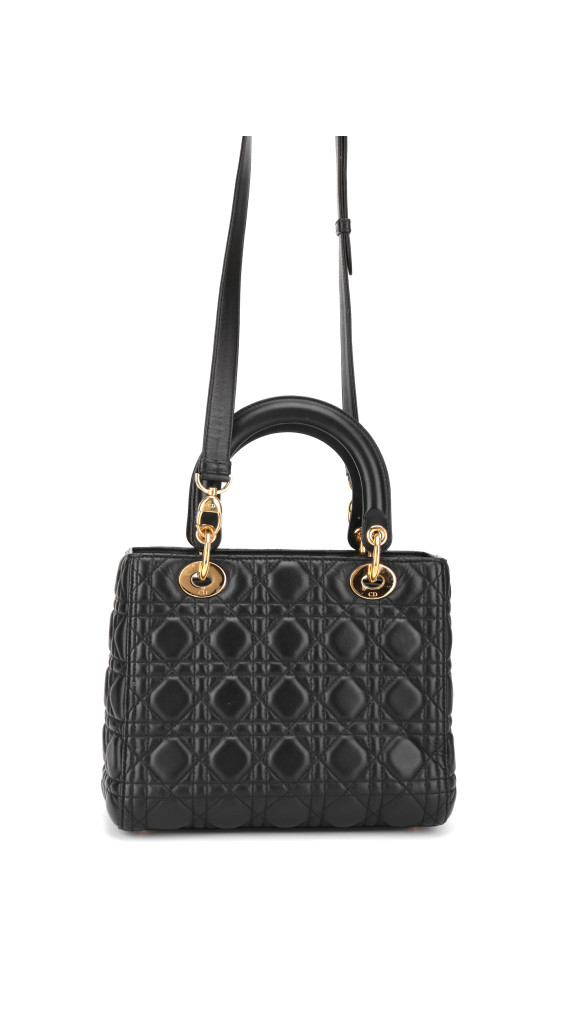 Lady Dior Medium Bag i Sort Lammeskinn med Gull-detaljer