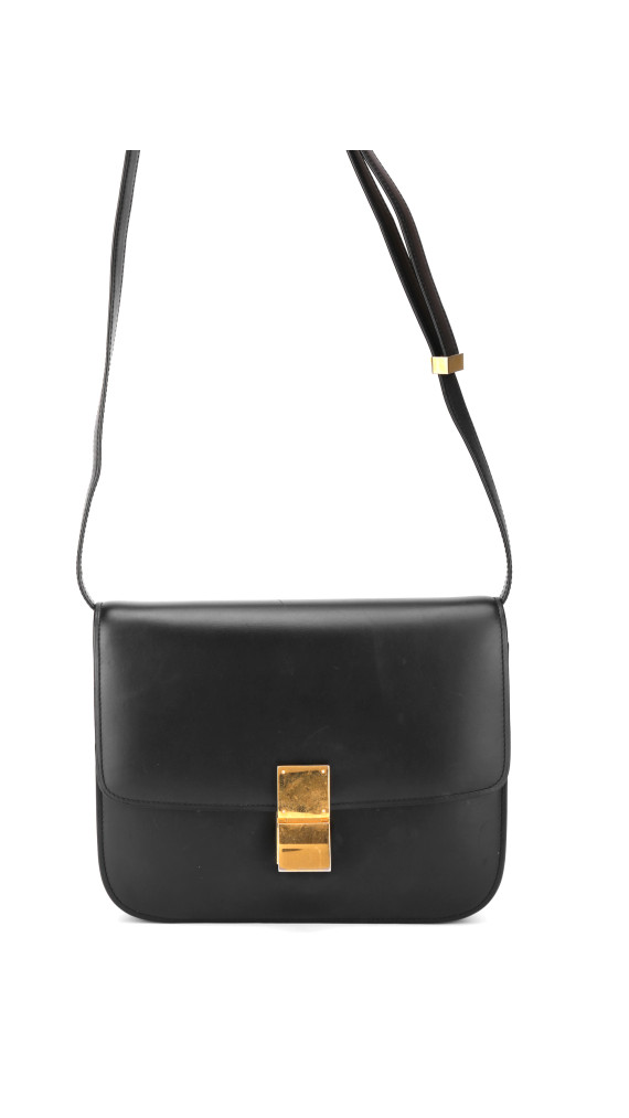 Celine Classic Box Bag i svart kalveskinn med gullspenne