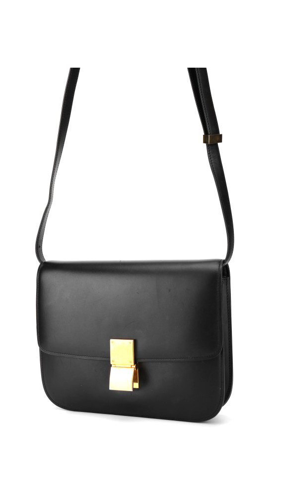 Celine Classic Box Bag i svart kalveskinn med gullspenne