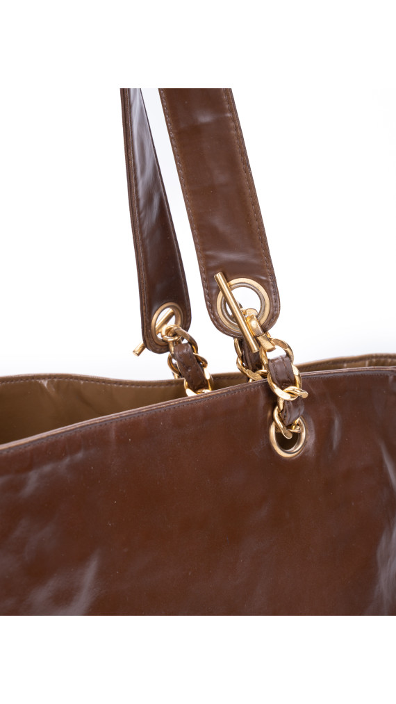 Vintage Chanel Tote Bag med CC logo i brun skinn