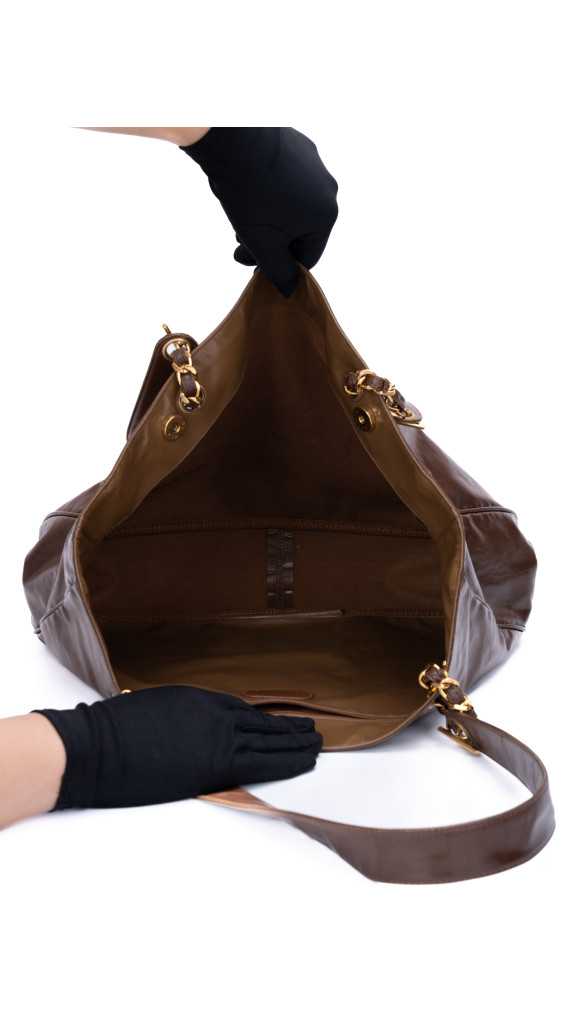 Vintage Chanel Tote Bag med CC logo i brun skinn