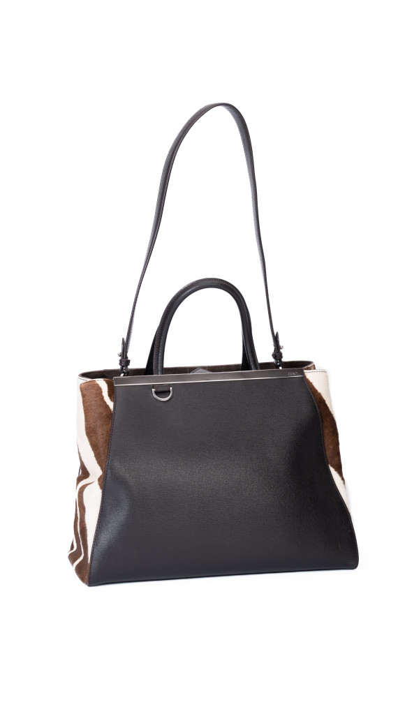Fendi 2Jour Tote Bag i svart kalveskinn og brun/hvit ponyhair