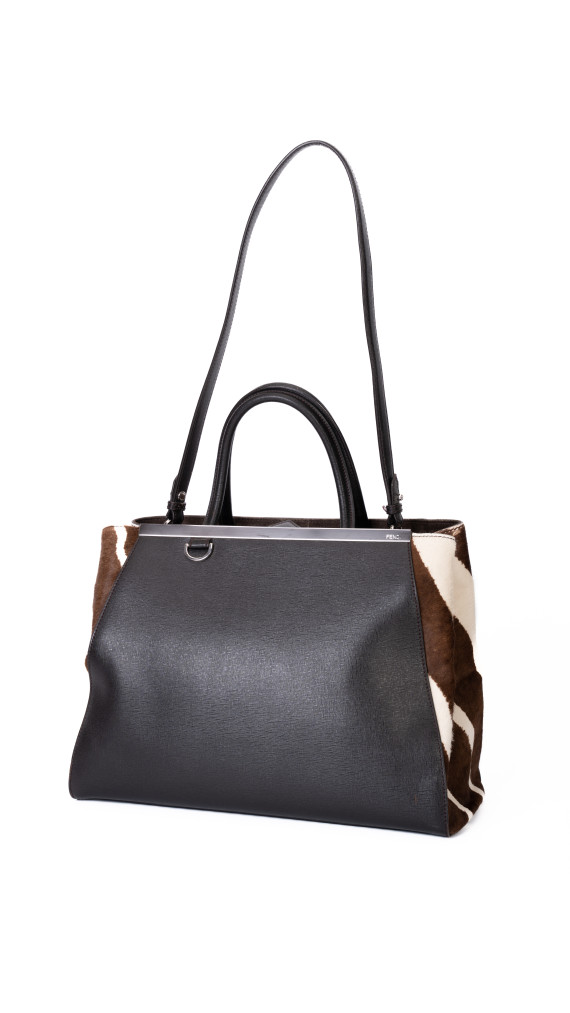 Fendi 2Jour Tote Bag i svart kalveskinn og brun/hvit ponyhair