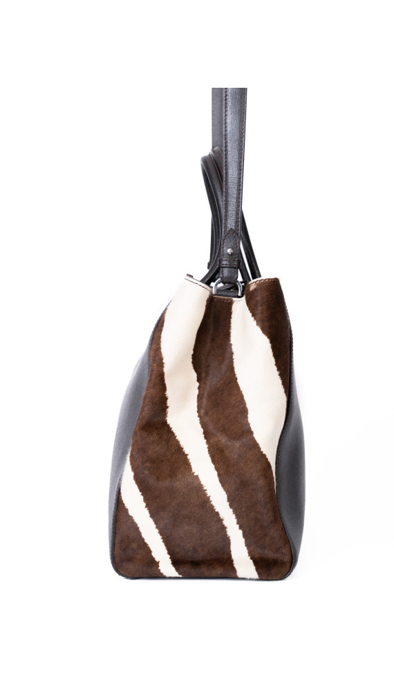 Fendi 2Jour Tote Bag i svart kalveskinn og brun/hvit ponyhair