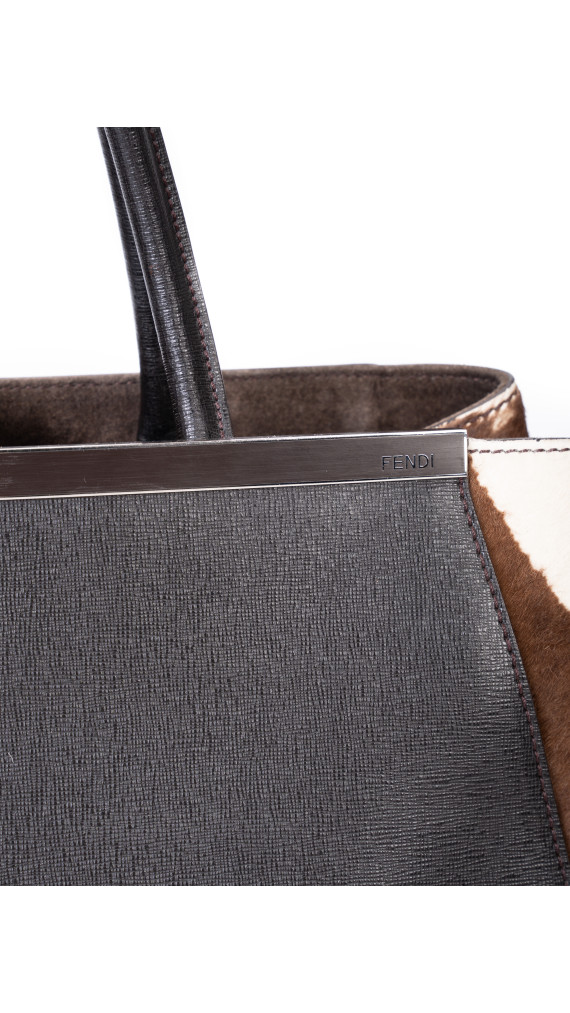 Fendi 2Jour Tote Bag i svart kalveskinn og brun/hvit ponyhair
