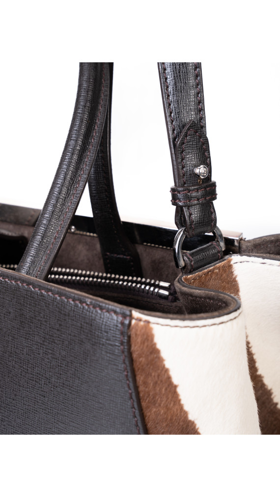 Fendi 2Jour Tote Bag i svart kalveskinn og brun/hvit ponyhair