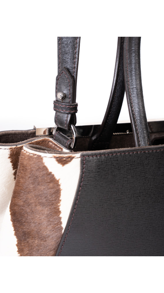 Fendi 2Jour Tote Bag i svart kalveskinn og brun/hvit ponyhair