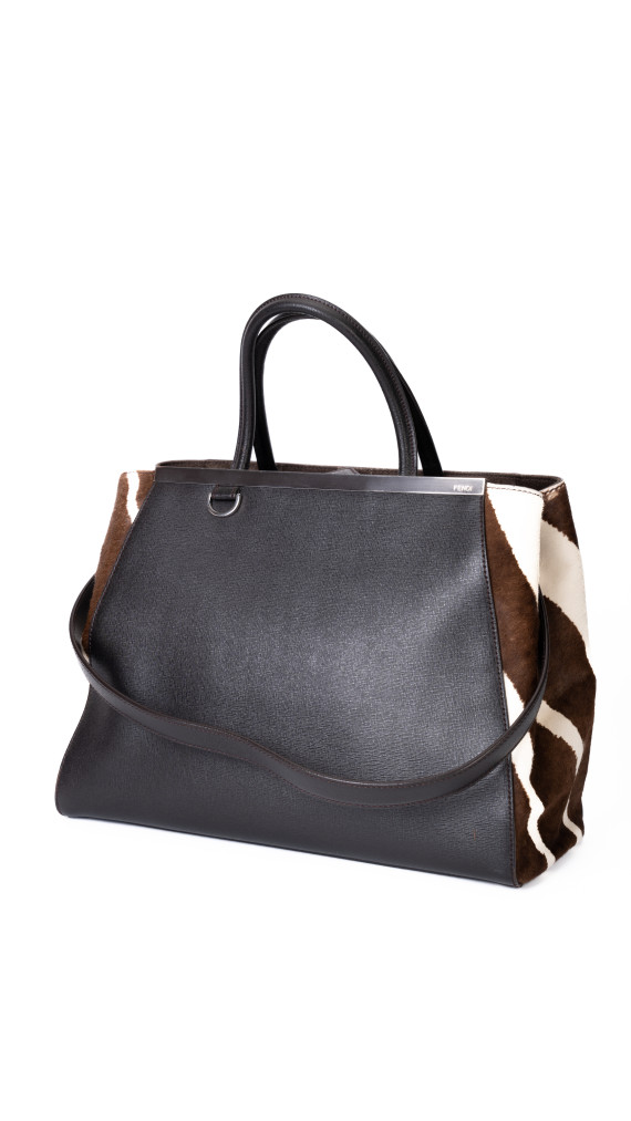 Fendi 2Jour Tote Bag i svart kalveskinn og brun/hvit ponyhair
