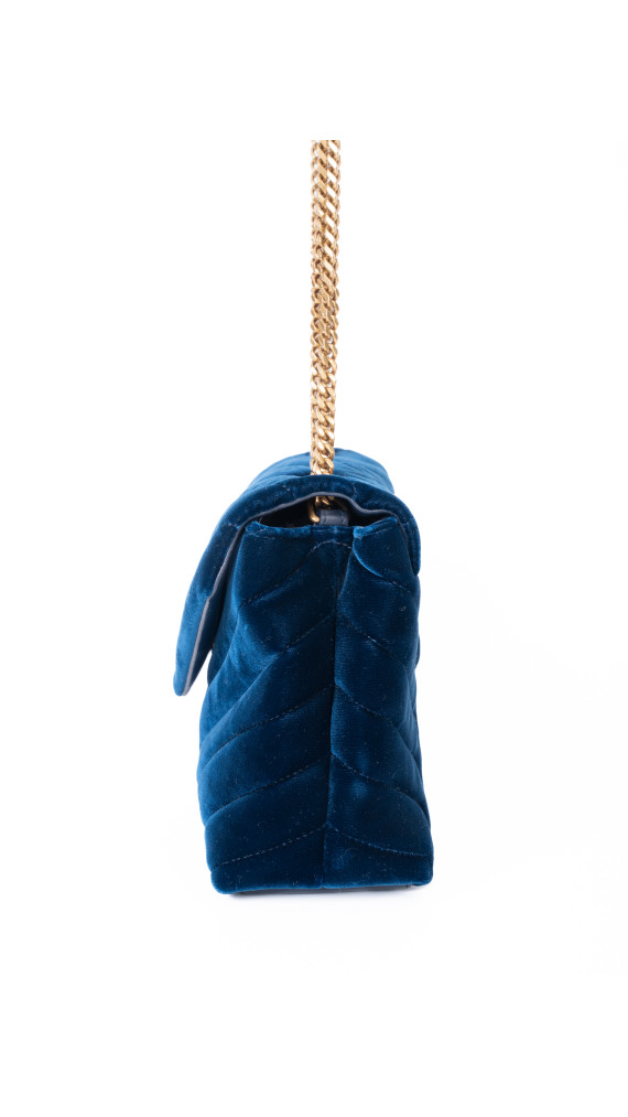 Saint Laurent Lou Lou Size Small Shoulder Bag i blå velur med gull hardware