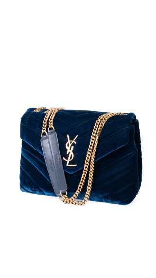 Saint Laurent Lou Lou Size Small Shoulder Bag i blå velur med gull hardware