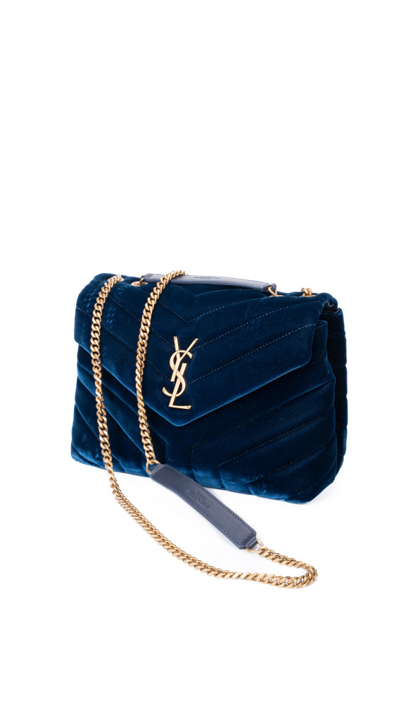 Saint Laurent Lou Lou Size Small Shoulder Bag i blå velur med gull hardware