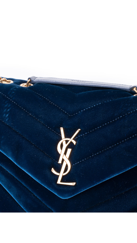 Saint Laurent Lou Lou Size Small Shoulder Bag i blå velur med gull hardware