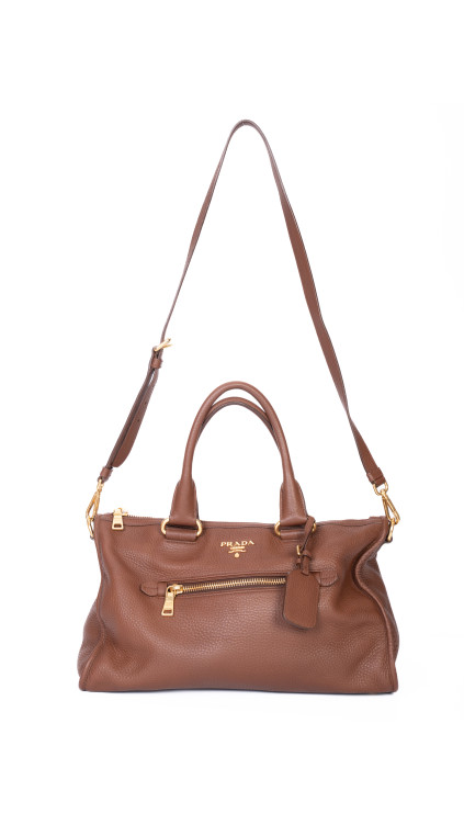 Prada Vitello Daino Tote Bag i brun skinn