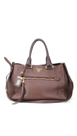 Prada Vitello Daino Tote Bag i Brun Skinn med Gullfarget Hardware