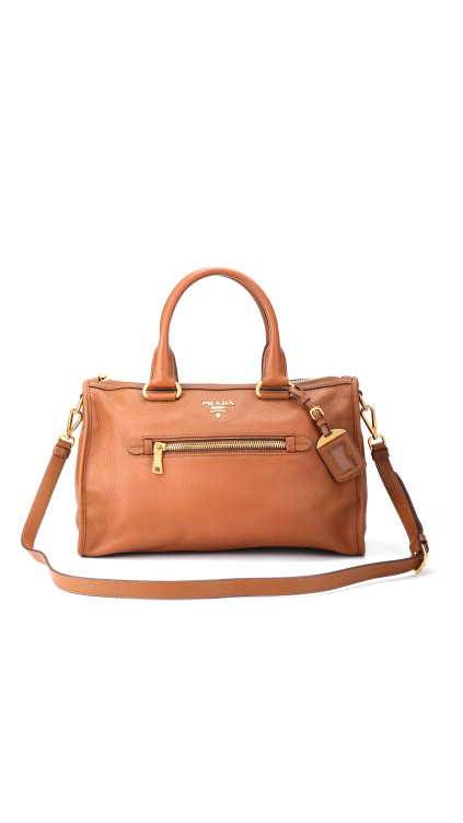 Prada Vitello Daino Front Zip Tote Shoulder Bag Cognac