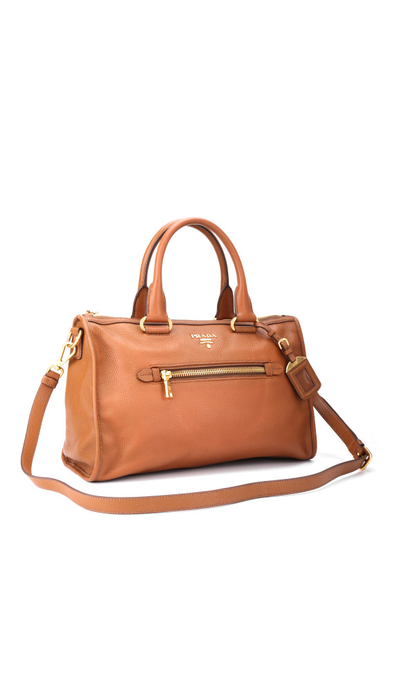 Prada Vitello Daino Front Zip Tote Shoulder Bag Cognac