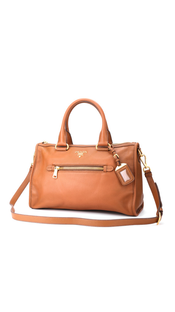 Prada Vitello Daino Front Zip Tote Shoulder Bag Cognac