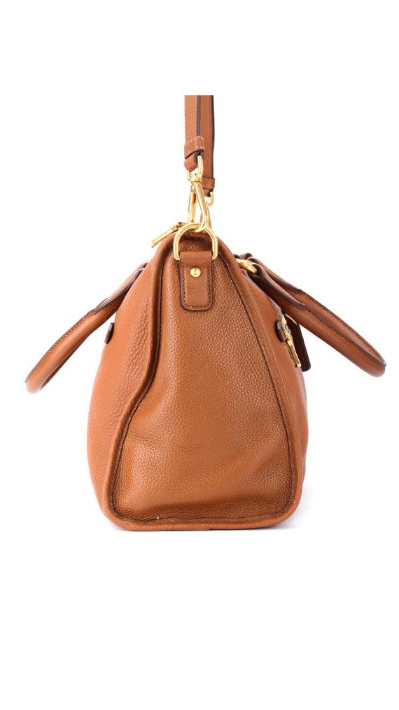 Prada Vitello Daino Front Zip Tote Shoulder Bag Cognac