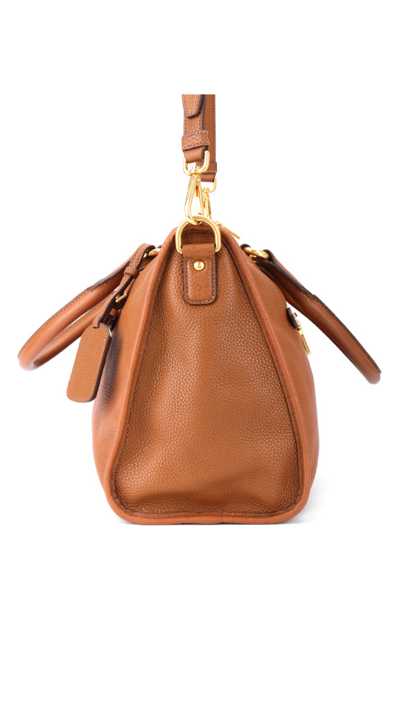 Prada Vitello Daino Front Zip Tote Shoulder Bag Cognac