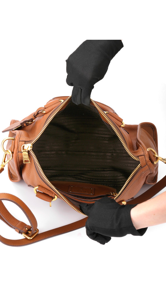 Prada Vitello Daino Front Zip Tote Shoulder Bag Cognac