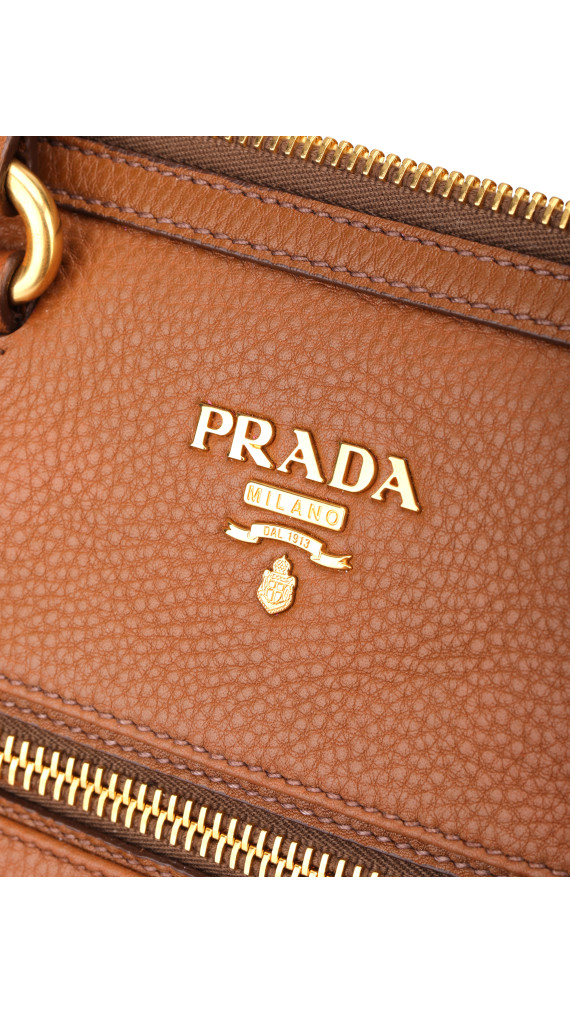 Prada Vitello Daino Front Zip Tote Shoulder Bag Cognac