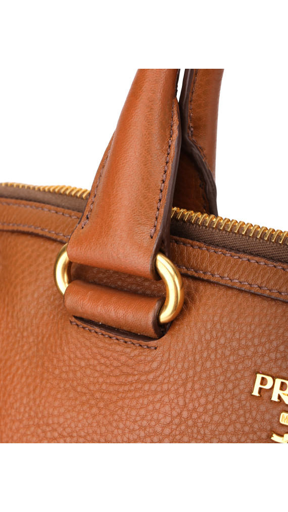 Prada Vitello Daino Front Zip Tote Shoulder Bag Cognac