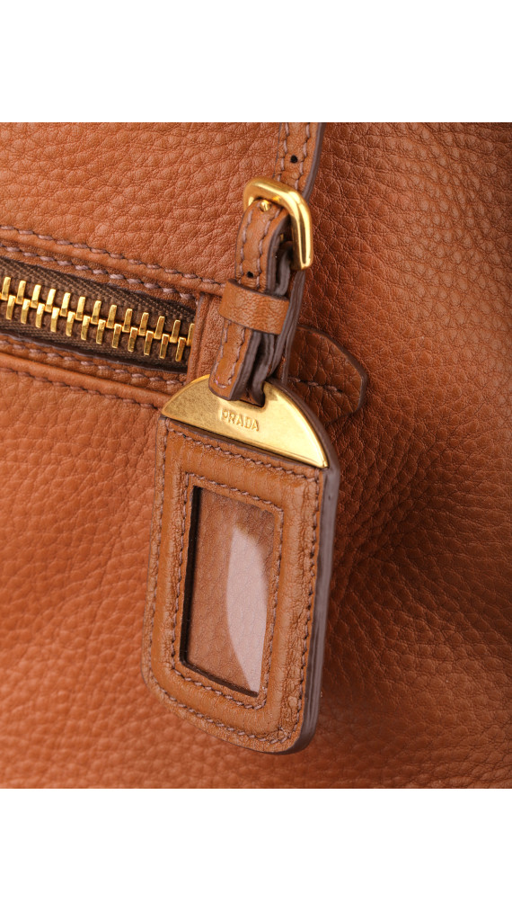 Prada Vitello Daino Front Zip Tote Shoulder Bag Cognac