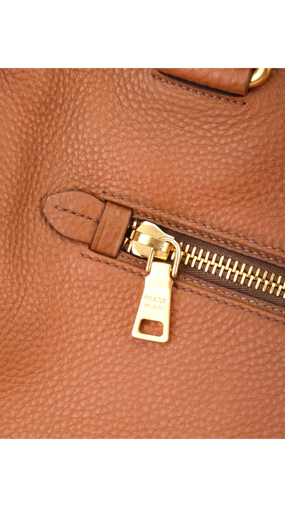 Prada Vitello Daino Front Zip Tote Shoulder Bag Cognac