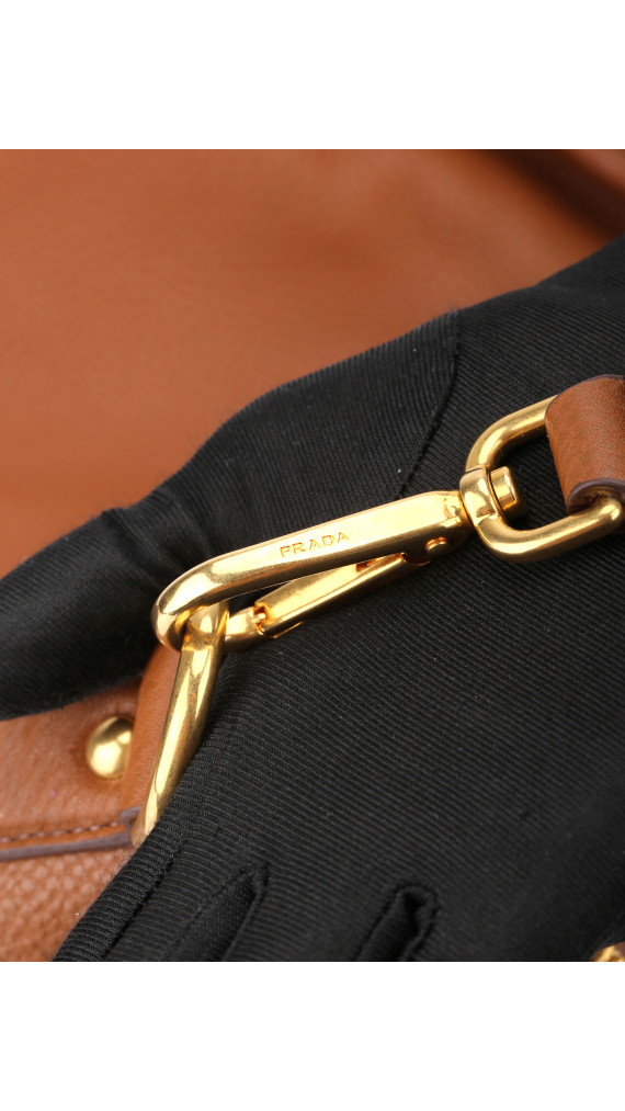 Prada Vitello Daino Front Zip Tote Shoulder Bag Cognac