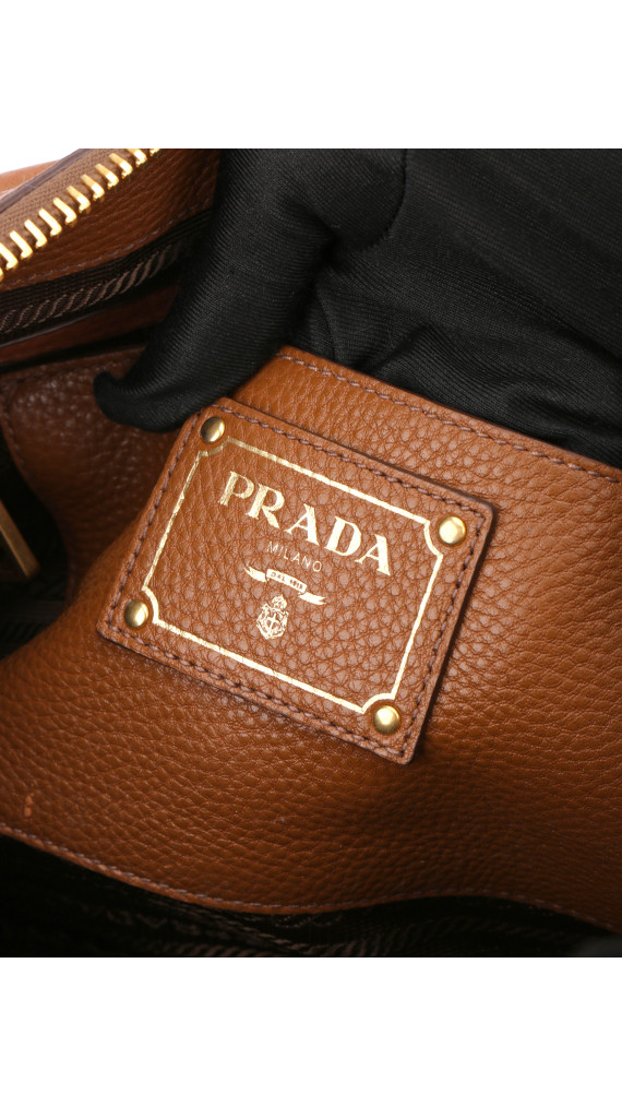 Prada Vitello Daino Front Zip Tote Shoulder Bag Cognac
