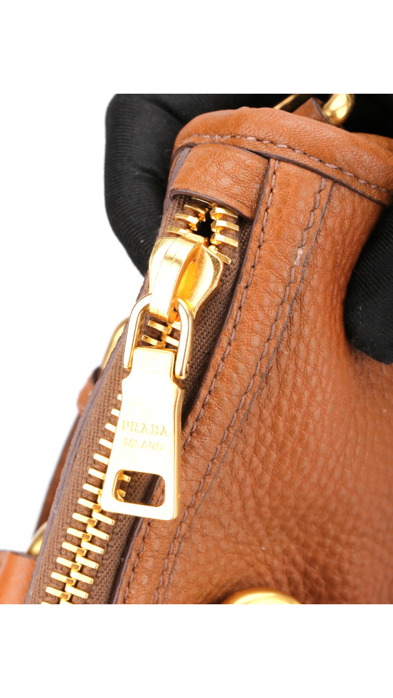 Prada Vitello Daino Front Zip Tote Shoulder Bag Cognac