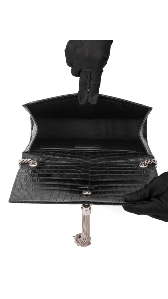 Saint Laurent Kate Tassel Bag Black Croc Embossed Leather
