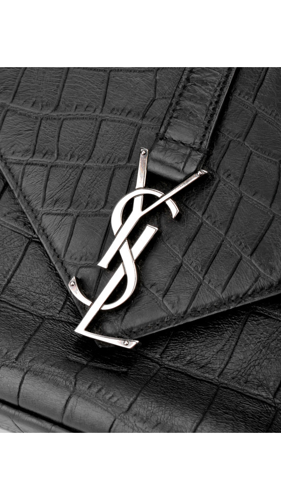 Saint Laurent College Medium Black Croc Embossed Leather