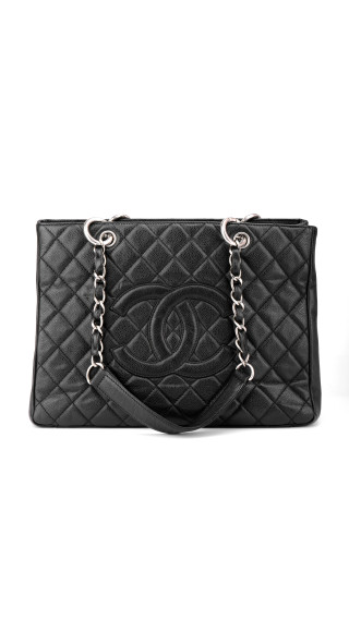 Chanel Shopping Tote i svart quiltet caviar-skinn med sølvfarget hardware
