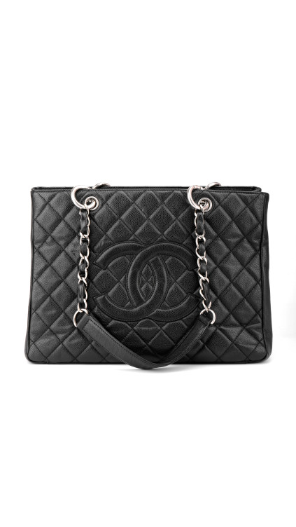 Chanel Shopping Tote i svart quiltet caviar-skinn med sølvfarget hardware