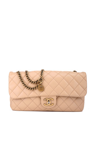 Chanel Single Flap Bag i Beige Calfskinn