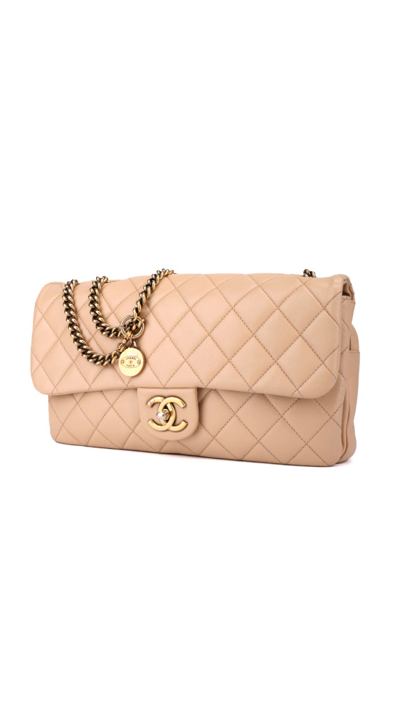 Chanel Single Flap Bag i Beige Calfskinn