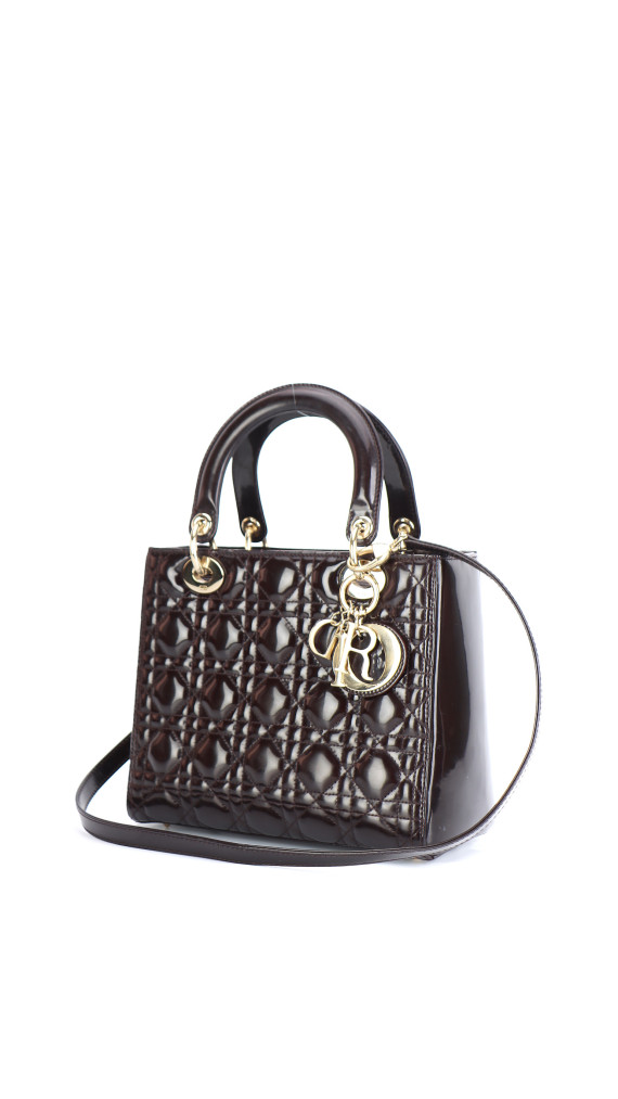 Christian Dior Lady Dior Medium i mørk brun patent skinn