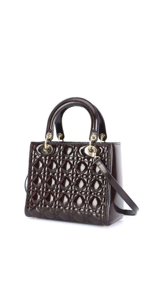 Christian Dior Lady Dior Medium i mørk brun patent skinn