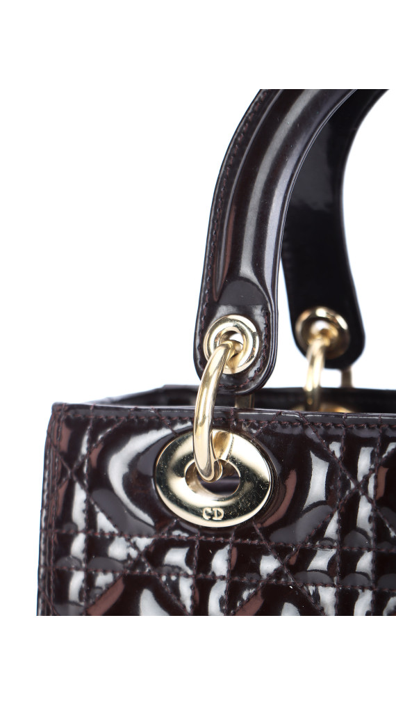 Christian Dior Lady Dior Medium i mørk brun patent skinn
