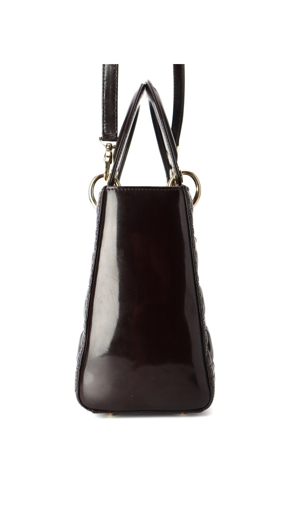 Christian Dior Lady Dior Medium i mørk brun patent skinn