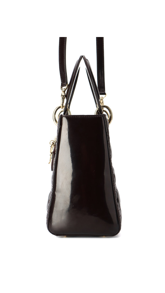 Christian Dior Lady Dior Medium i mørk brun patent skinn