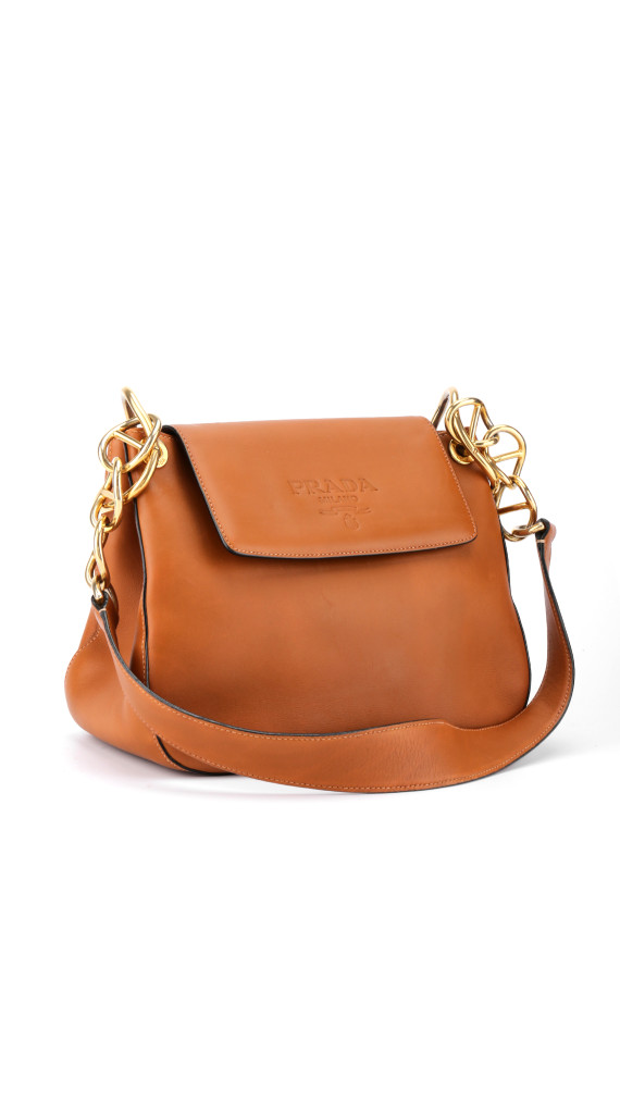Prada Soft Calf Flap Shoulder Bag i karamellbrunt skinn