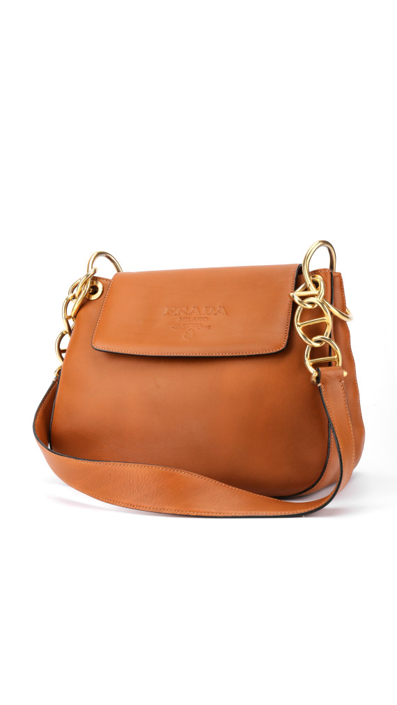 Prada Soft Calf Flap Shoulder Bag i karamellbrunt skinn