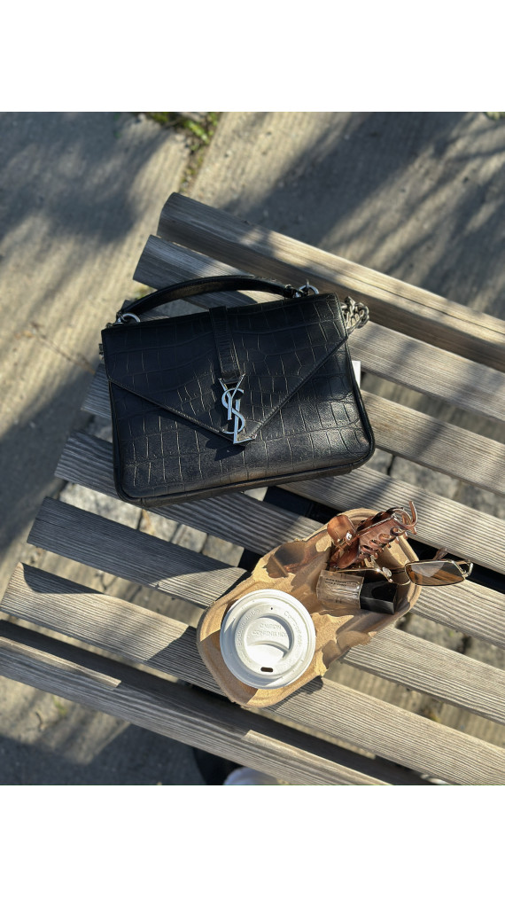 Saint Laurent College Medium Black Croc Embossed Leather