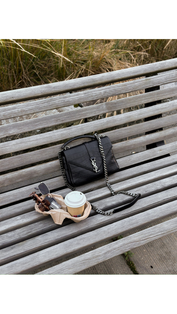 Saint Laurent College Medium Black Croc Embossed Leather