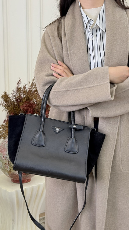 Prada Glace Calf Twin Pocket Tote Bag - Black