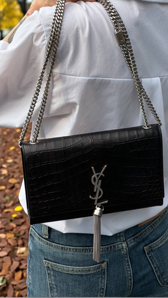 Saint Laurent Kate Tassel Bag Black Croc Embossed Leather